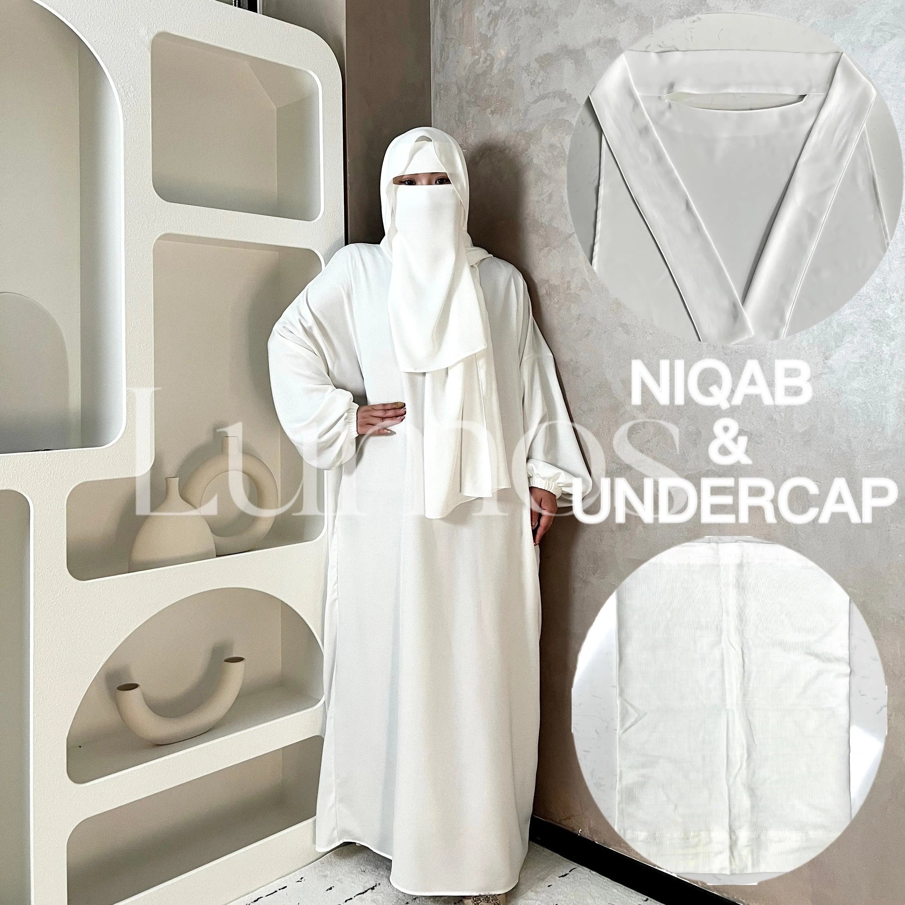 Umrah Collection White Satin Hooded Abaya Come With A White Niqab And LumosModesty