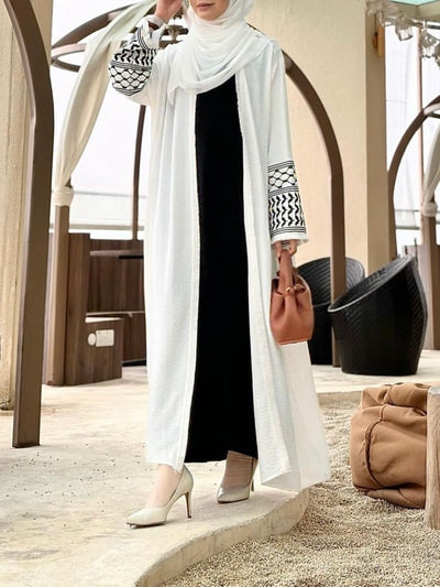 LM046 Keffiyeh Inspired Open Abaya Cardigan with Belt Tessel Kimono Robe Kuffiyah Design