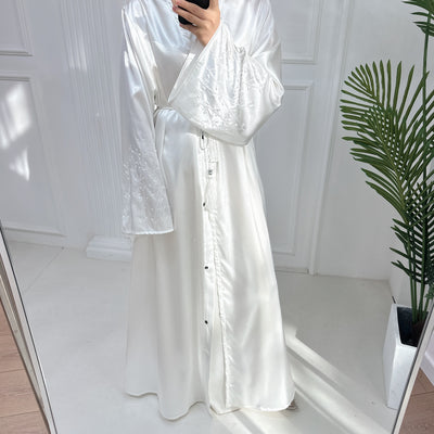 LM047 Armani Satin Pearl Embellishment Beaded Sleeves Open Abaya Cardigan with Tessel Belt