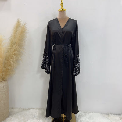 LM047 Armani Satin Pearl Embellishment Beaded Sleeves Open Abaya Cardigan with Tessel Belt