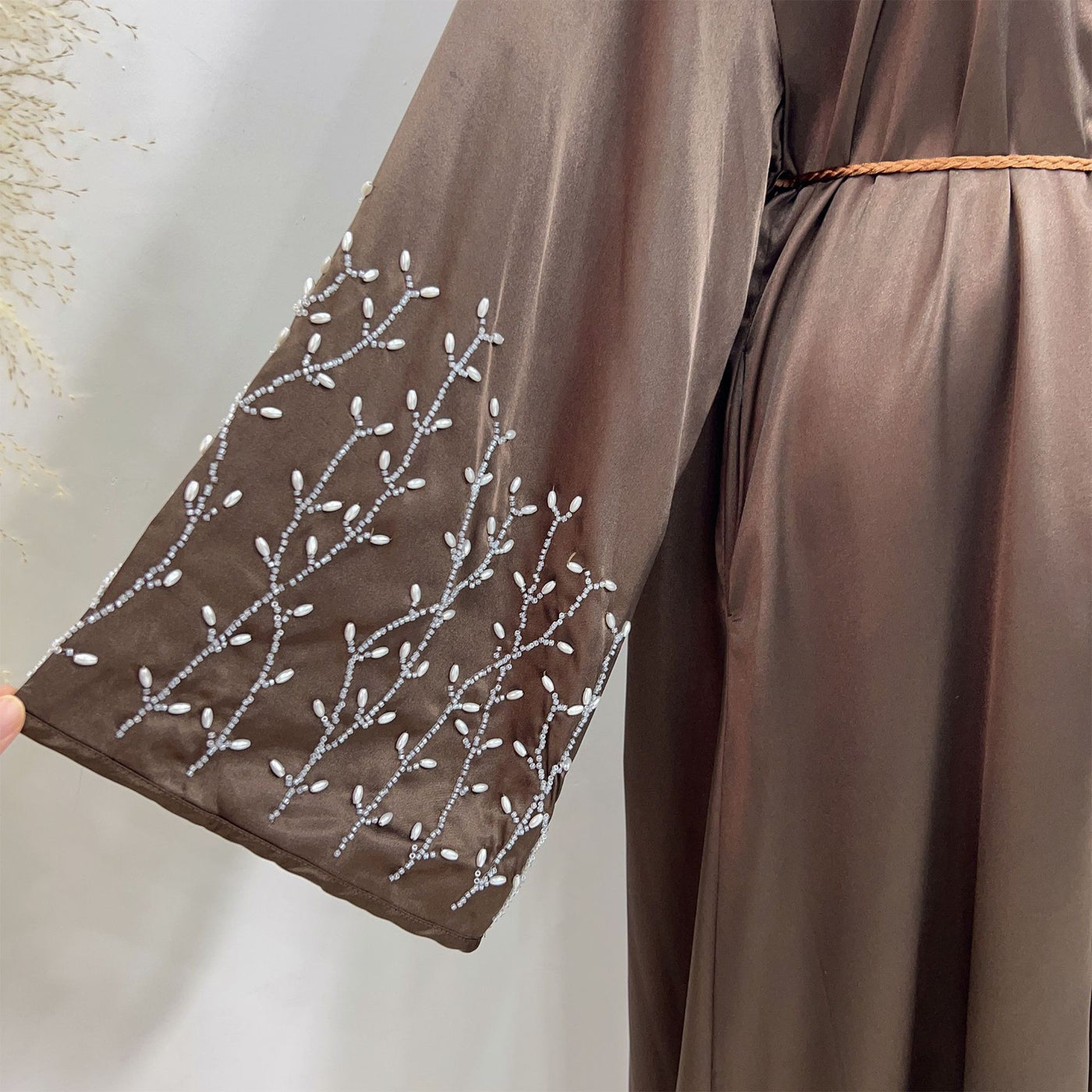 LM047 Armani Satin Pearl Embellishment Beaded Sleeves Open Abaya Cardigan with Tessel Belt