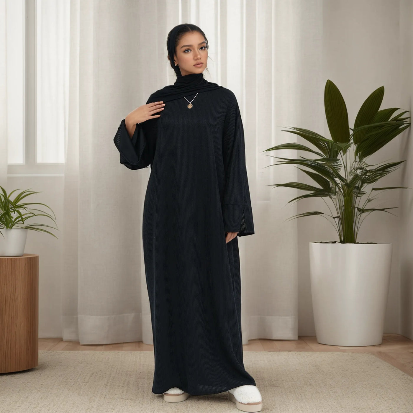 LM075 Cozy Knitted Closed Abaya Maxi Dress | Warm Autumn Winter Outfit for Modest Women