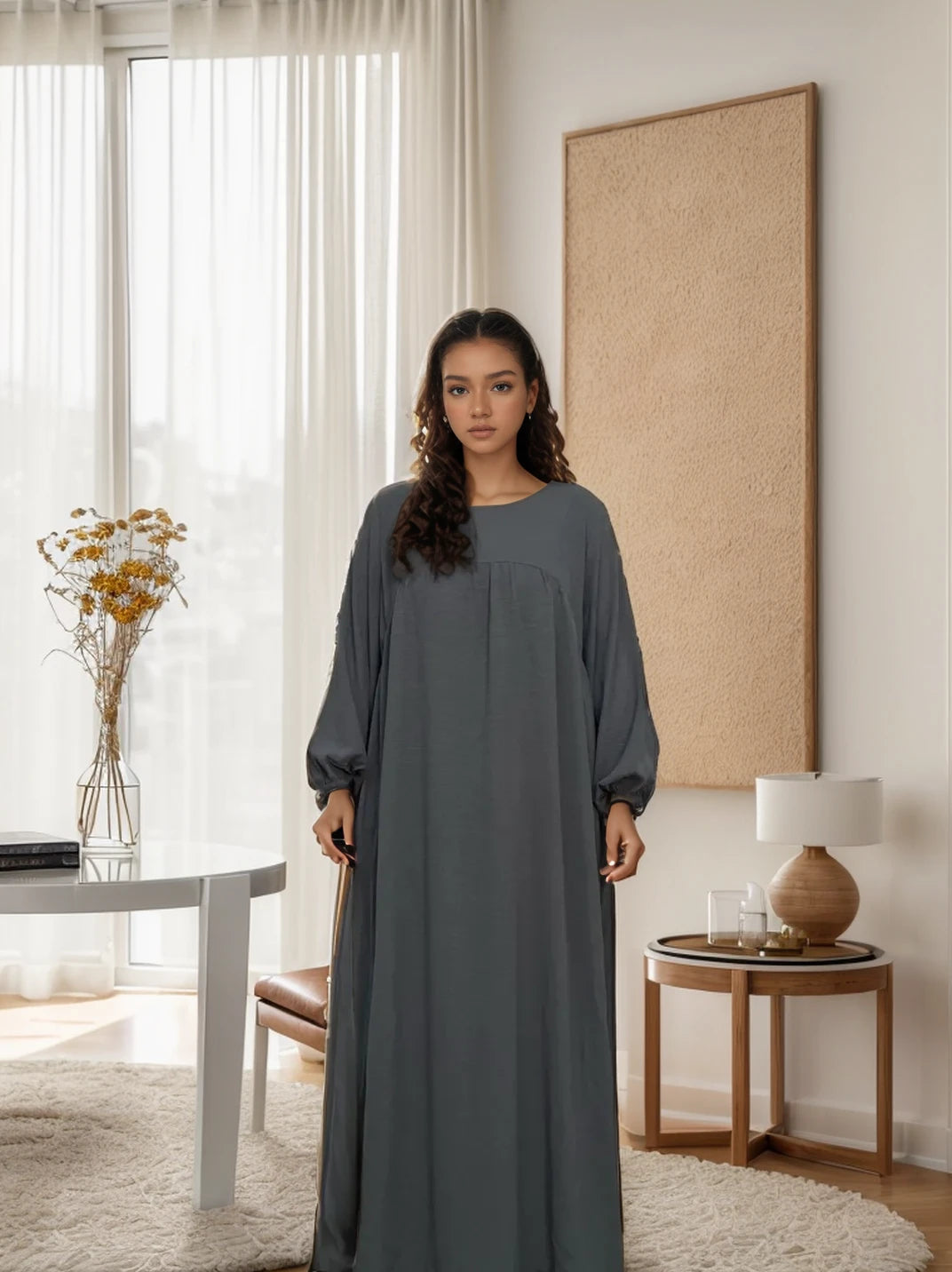 LM021 Elegant Balloon Sleeves Abaya with Pockets | Modest Islamic Dress for Women