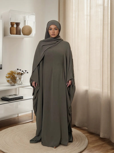 LM014 Plus Size Butterfly Abaya with Hijab Set | Modest Batwing Sleeves Islamic Dress for Muslim Women