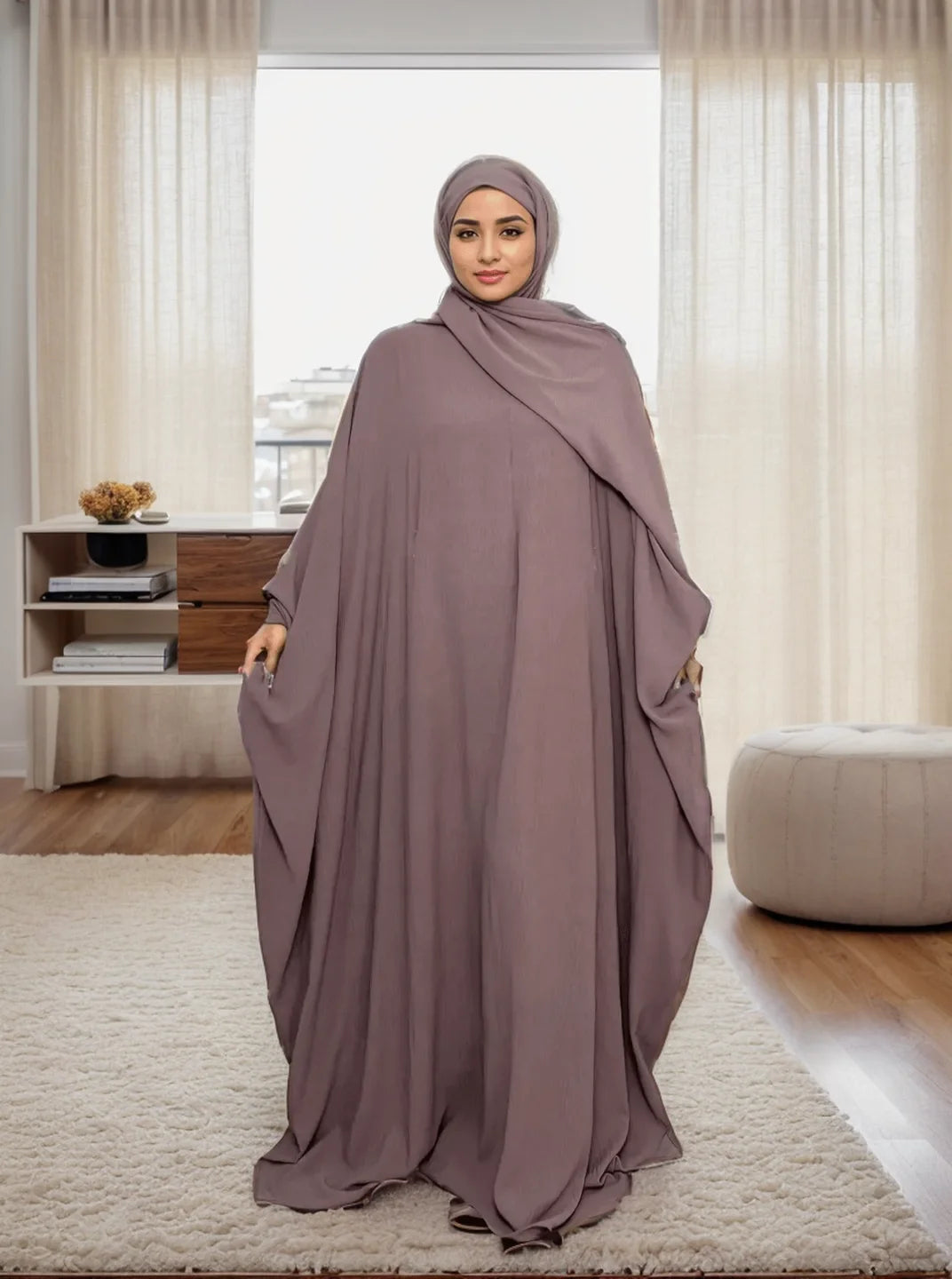 LM014 Plus Size Butterfly Abaya with Hijab Set | Modest Batwing Sleeves Islamic Dress for Muslim Women