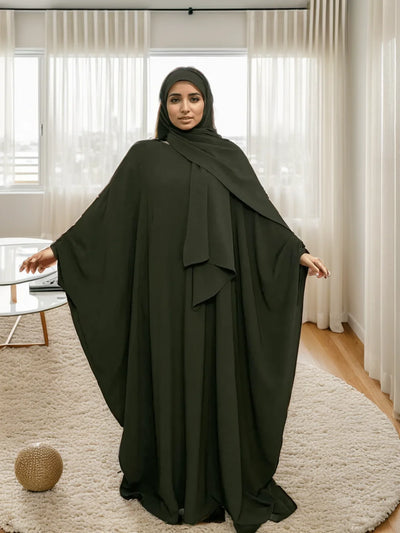 LM014 Plus Size Butterfly Abaya with Hijab Set | Modest Batwing Sleeves Islamic Dress for Muslim Women