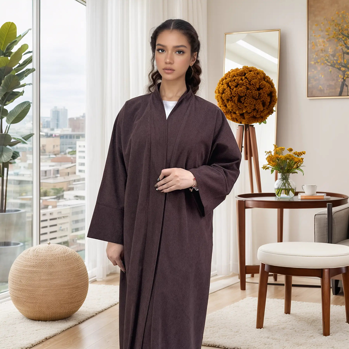 LM052 Corduroy Winter Thick Open Abaya Cardigan (Closed Sleeves)