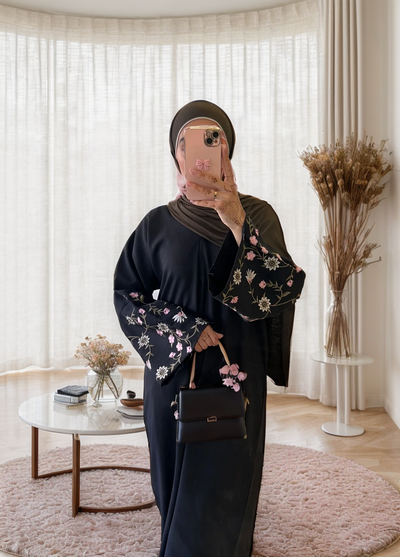 LM054 Floral Embroidery Hala Satin Open Abaya Cardigan Arabic Khaleeji Muslim Women Dress