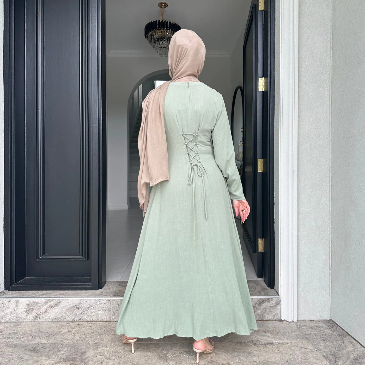 LM100 Elegant Tie-back Linen Cotton Abaya – Slim Fit, Size Up for Comfort | Modest Eid Dress