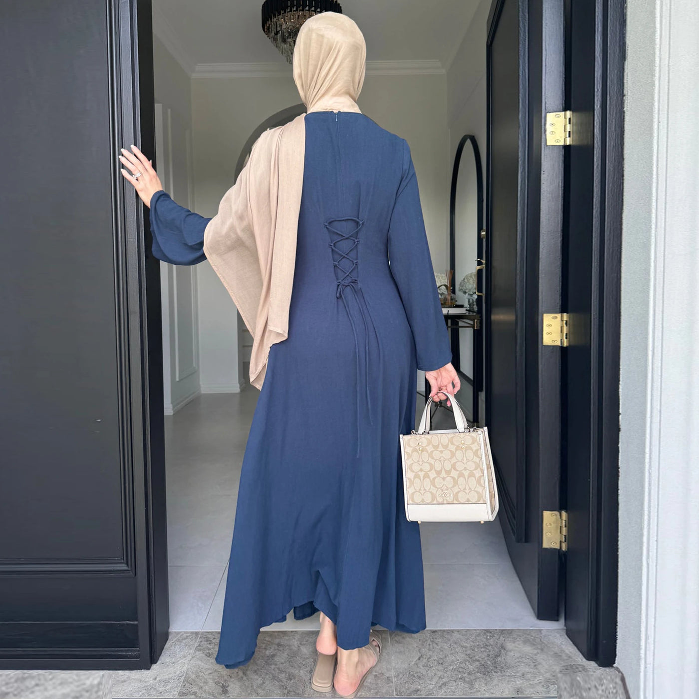 LM100 Elegant Tie-back Linen Cotton Abaya – Slim Fit, Size Up for Comfort | Modest Eid Dress