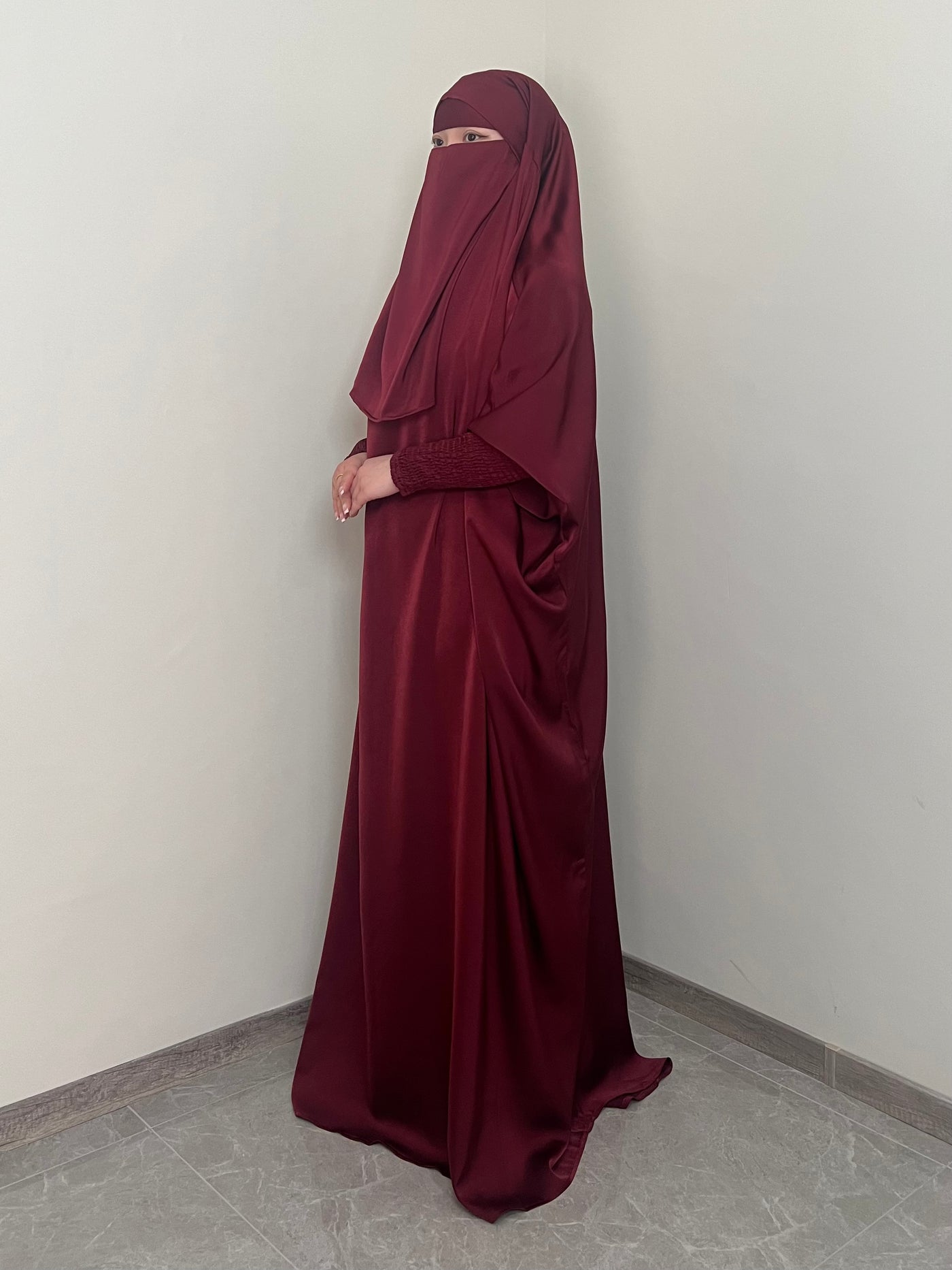 LM001 Muslim Dress for Women One Piece Jilbab Prayer Clothes Muslim jilbab abaya Dress Khimar Islam Dubai Outfits - LM001-BURGUNDY-Jilbab + Full Niqab LumosModesty