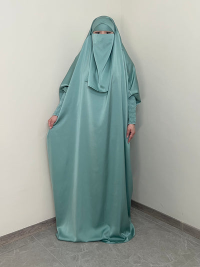 LM001 Muslim Dress for Women One Piece Jilbab Prayer Clothes Muslim jilbab abaya Dress Khimar Islam Dubai Outfits - LM001-MINT-Jilbab + Full Niqab LumosModesty