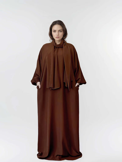 LM003 Hooded Abaya Hijab -Attached With Scarf - Pockets BUY ONE GET ONE 50% OFF - LM003-CHOCOLATE-0=S (4'11-5'1) LumosModesty