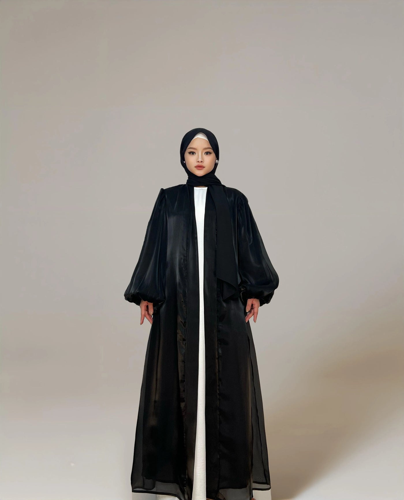 Eid Shiny Open Abaya Cardigan With Bubble Balloon Sleeves(Premium)