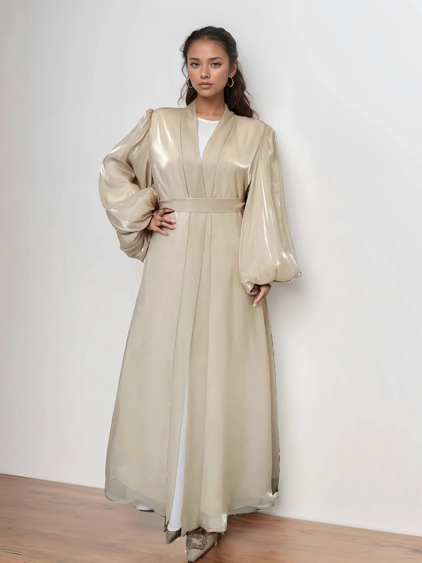 LM005 Eid Shiny Open Abaya Cardigan With Bubble Balloon Sleeves(Premium) - LumosModesty