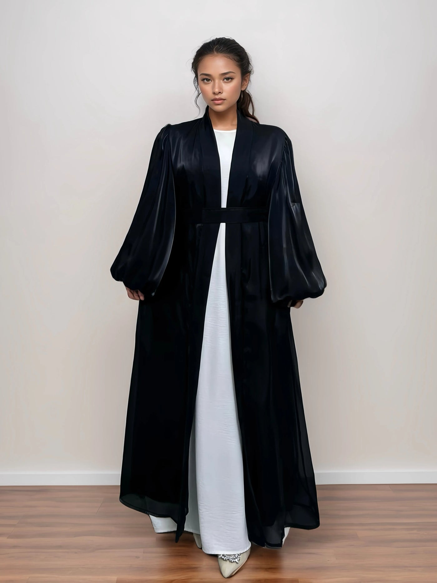 LM005 Eid Shiny Open Abaya Cardigan With Bubble Balloon Sleeves(Premium) - LumosModesty