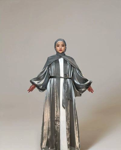 Eid Shiny Open Abaya Cardigan With Bubble Balloon Sleeves(Premium)