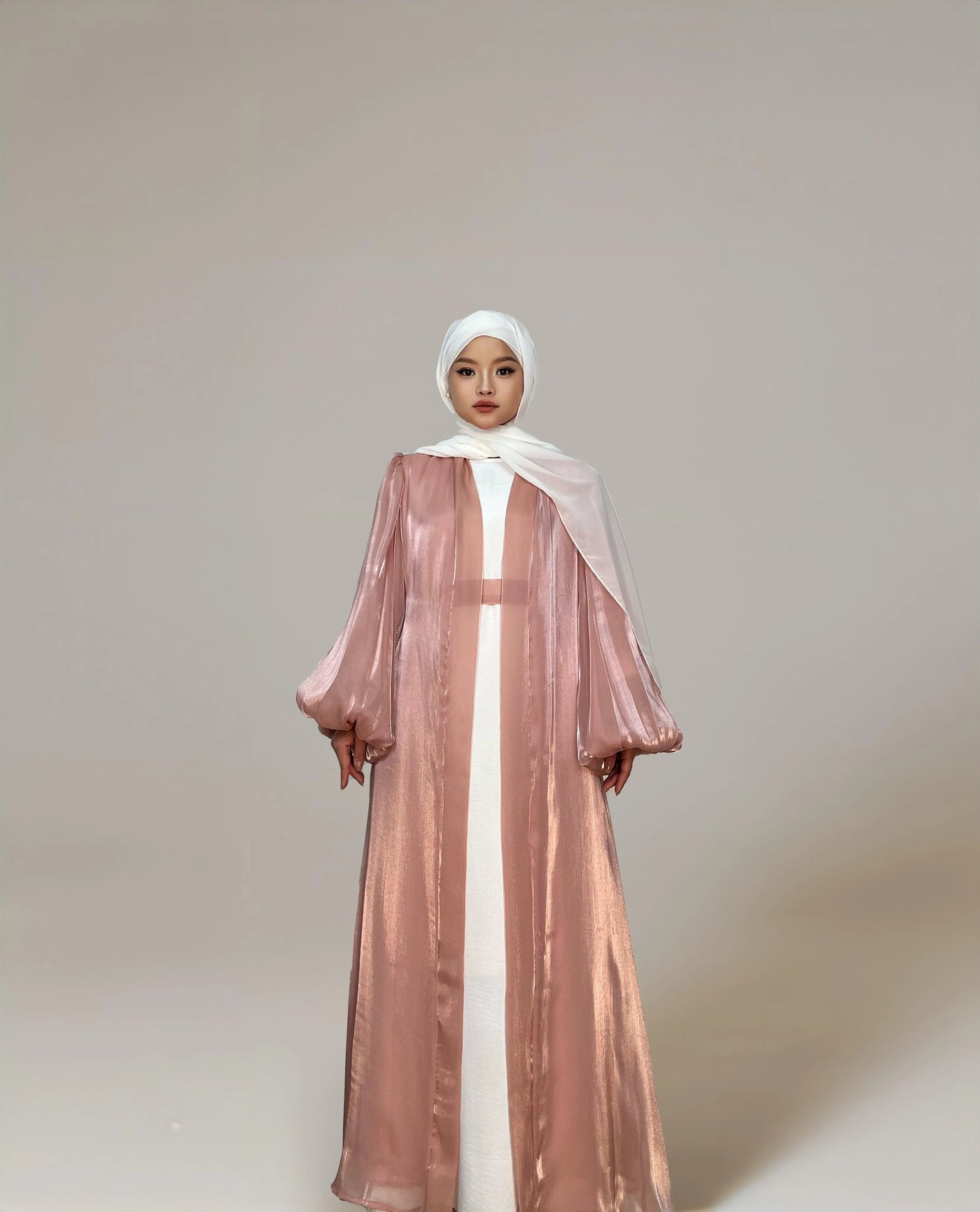 Eid Shiny Open Abaya Cardigan With Bubble Balloon Sleeves(Premium)