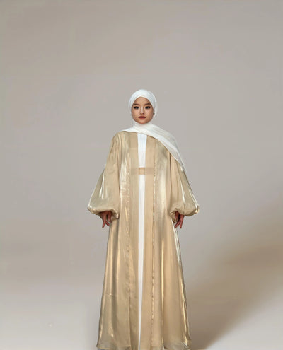 Eid Shiny Open Abaya Cardigan With Bubble Balloon Sleeves(Premium)