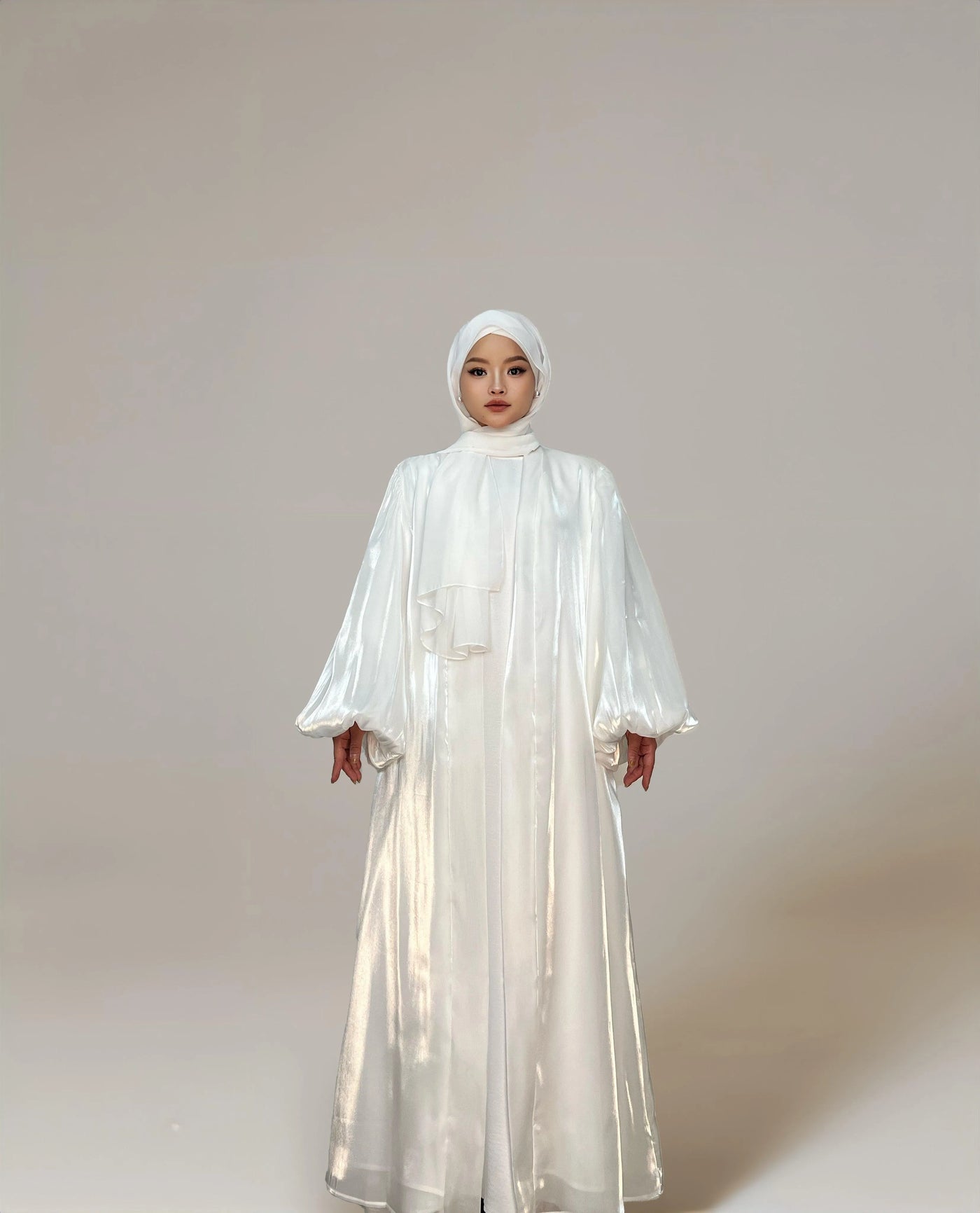 Eid Shiny Open Abaya Cardigan With Bubble Balloon Sleeves(Premium)