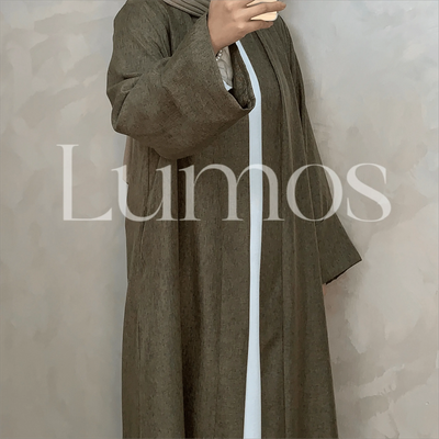 LM007 Linen Texture Open Abaya-With Belt -Pockets - LumosModesty