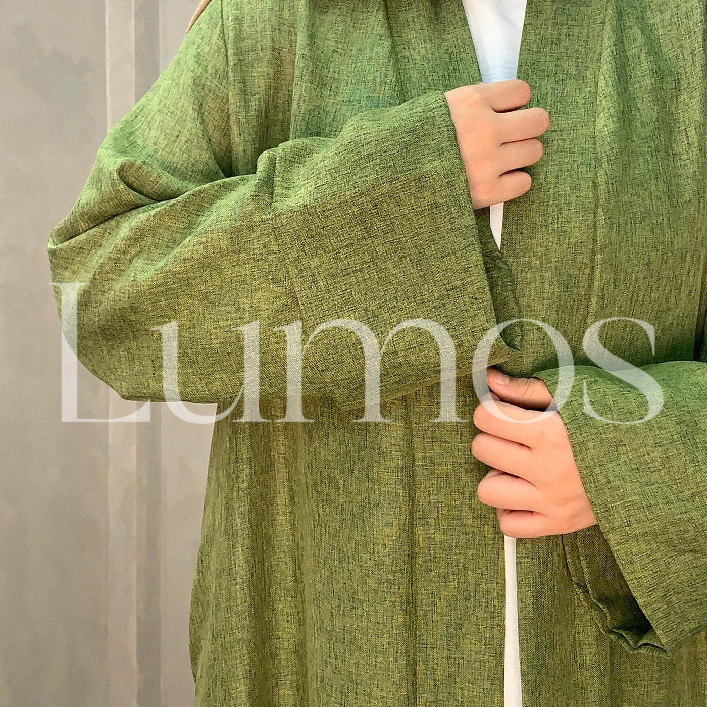 LM007 Linen Texture Open Abaya-With Belt -Pockets - LumosModesty