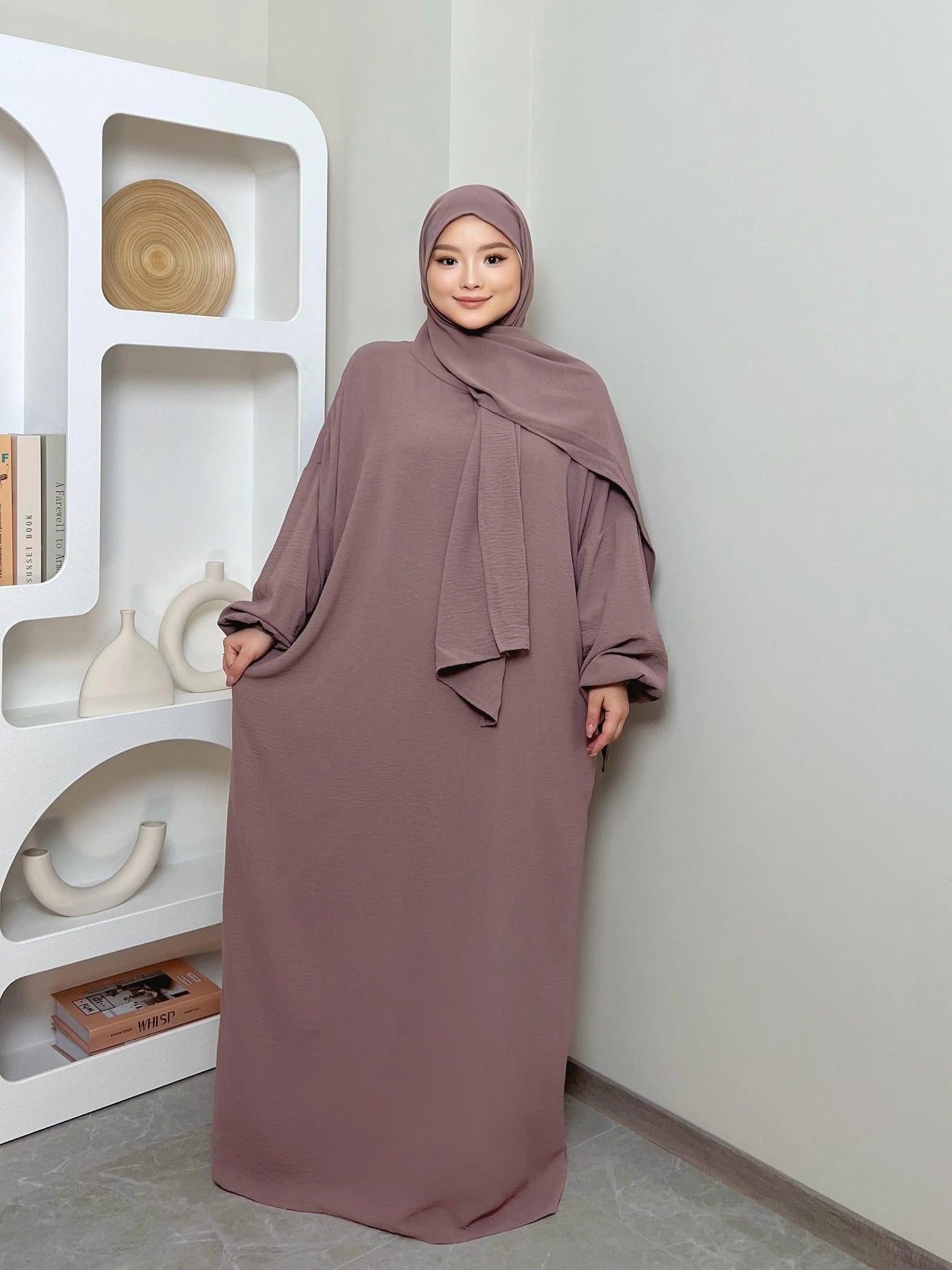 LM013 One-Piece Prayer Dress -Crepe Hooded Abaya- with Hijab Attached - LumosModesty