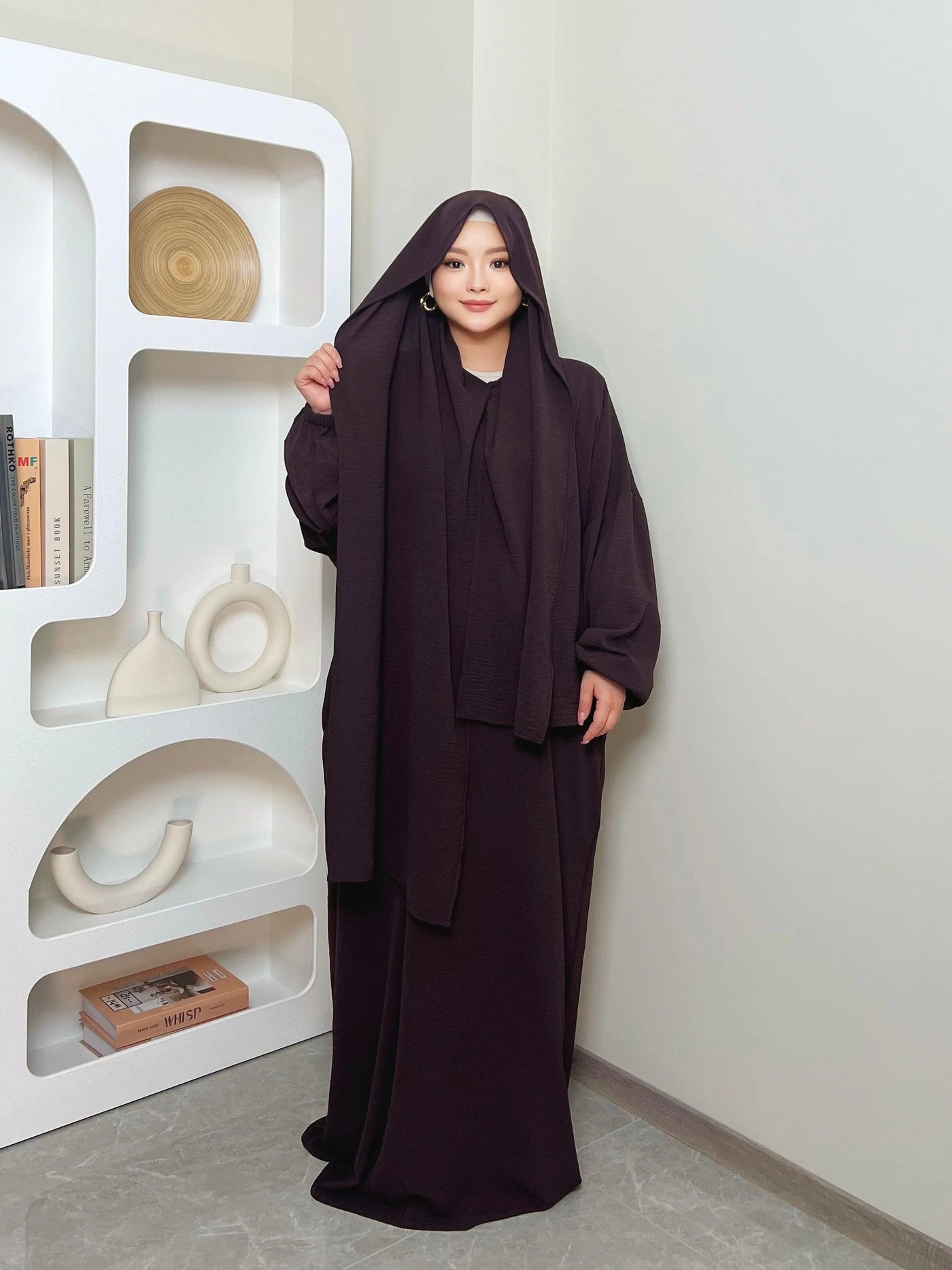 LM013 One-Piece Prayer Dress -Crepe Hooded Abaya- with Hijab Attached - LumosModesty