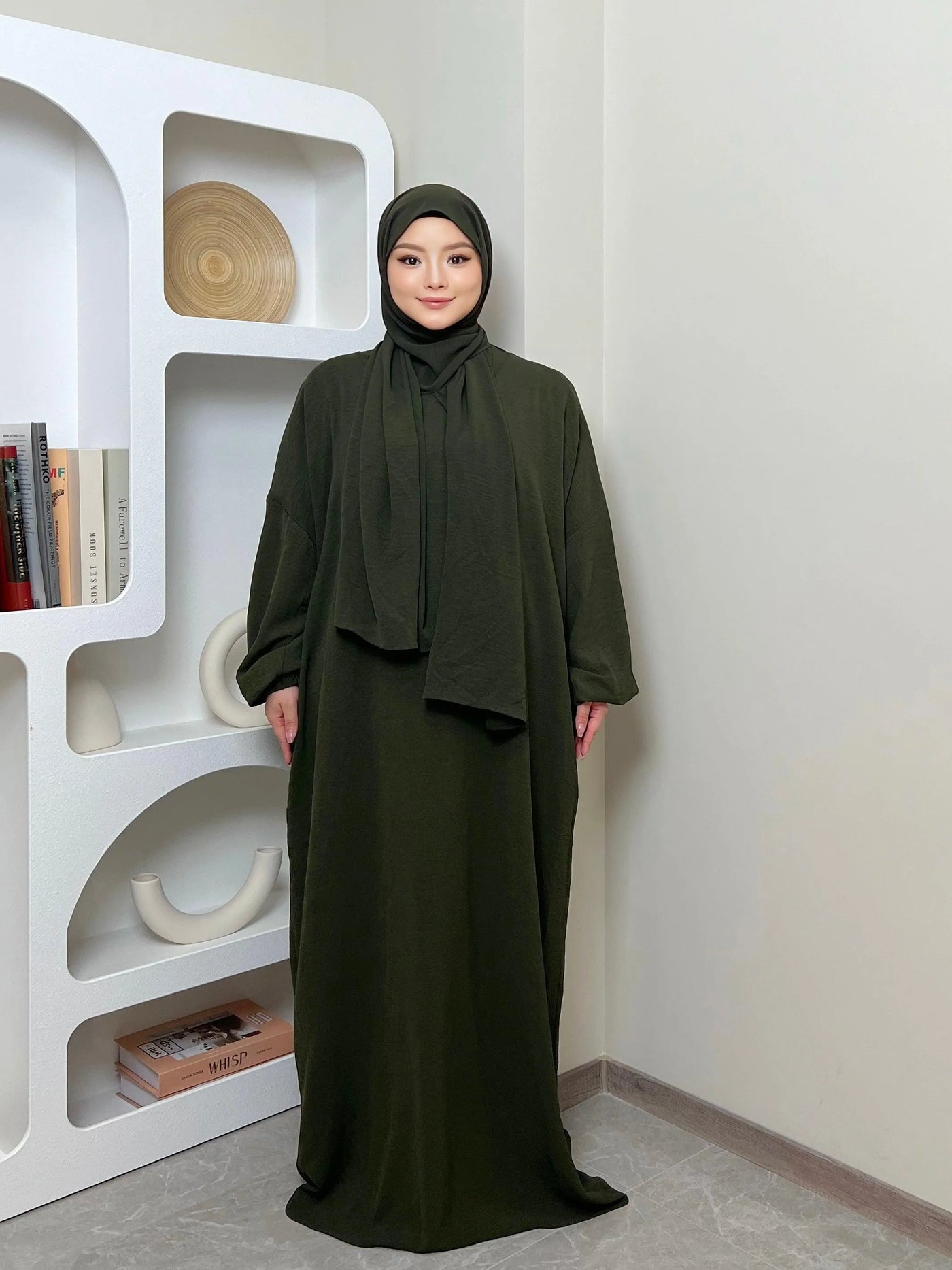 LM013 One-Piece Prayer Dress -Crepe Hooded Abaya- with Hijab Attached - LumosModesty