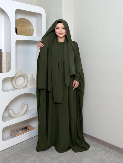 LM014 Butterfly Abaya with Hijab 2 Pieces Set Batwing Sleeves Ironfree Maternity Nursing Friendly Plus Size Dress Muslim Women - LumosModesty