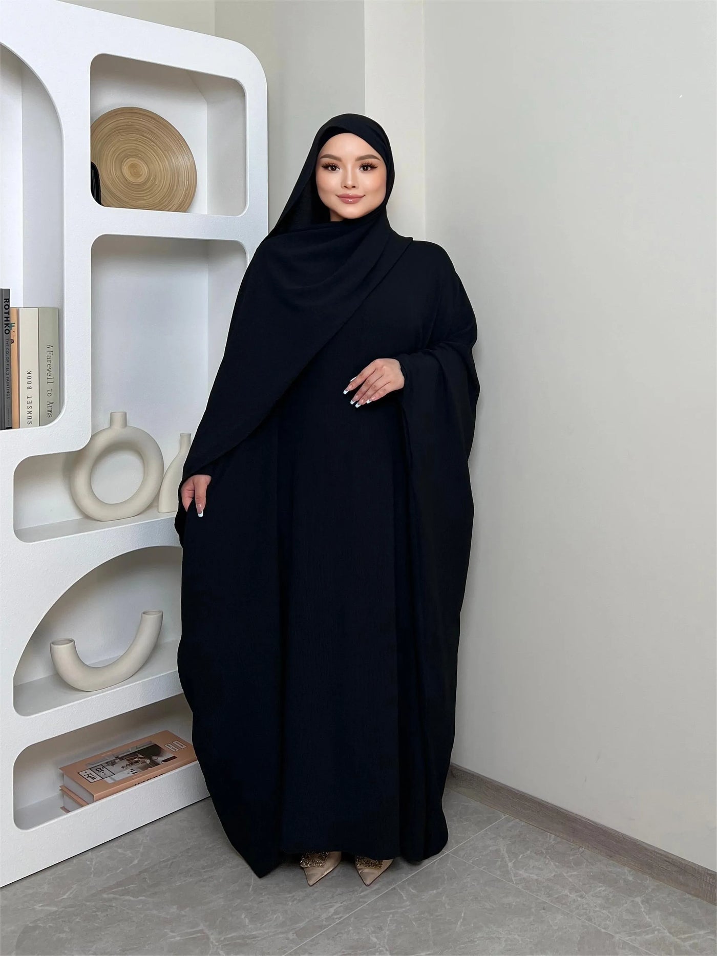 LM014 Butterfly Abaya with Hijab 2 Pieces Set Batwing Sleeves Ironfree Maternity Nursing Friendly Plus Size Dress Muslim Women - LumosModesty