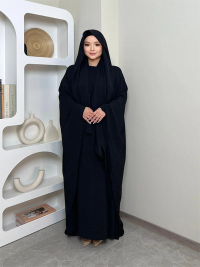 LM014 Butterfly Abaya with Hijab 2 Pieces Set Batwing Sleeves Ironfree Maternity Nursing Friendly Plus Size Dress Muslim Women - LumosModesty