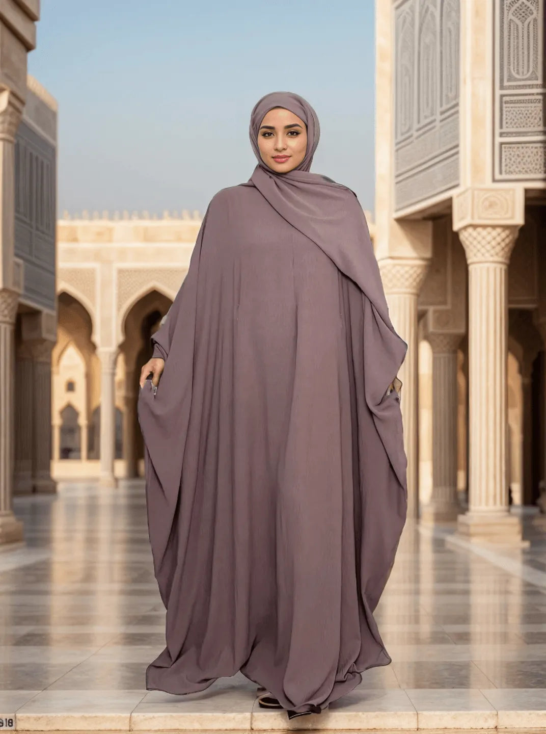 LM014 Butterfly Abaya with Hijab 2 Pieces Set Batwing Sleeves Ironfree Maternity Nursing Friendly Plus Size Dress Muslim Women - LumosModesty