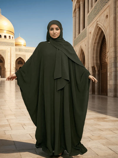 LM014 Butterfly Abaya with Hijab 2 Pieces Set Batwing Sleeves Ironfree Maternity Nursing Friendly Plus Size Dress Muslim Women - LumosModesty