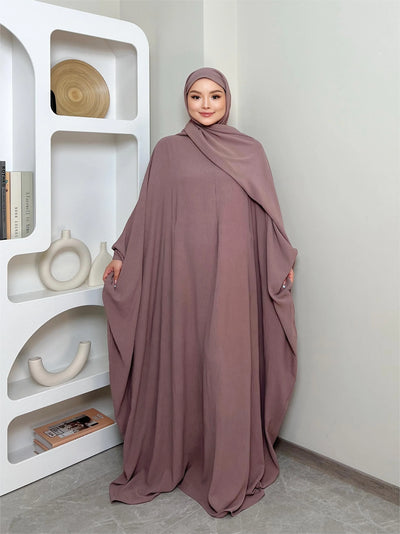 LM014 Butterfly Abaya with Hijab 2 Pieces Set Batwing Sleeves Ironfree Maternity Nursing Friendly Plus Size Dress Muslim Women - LumosModesty