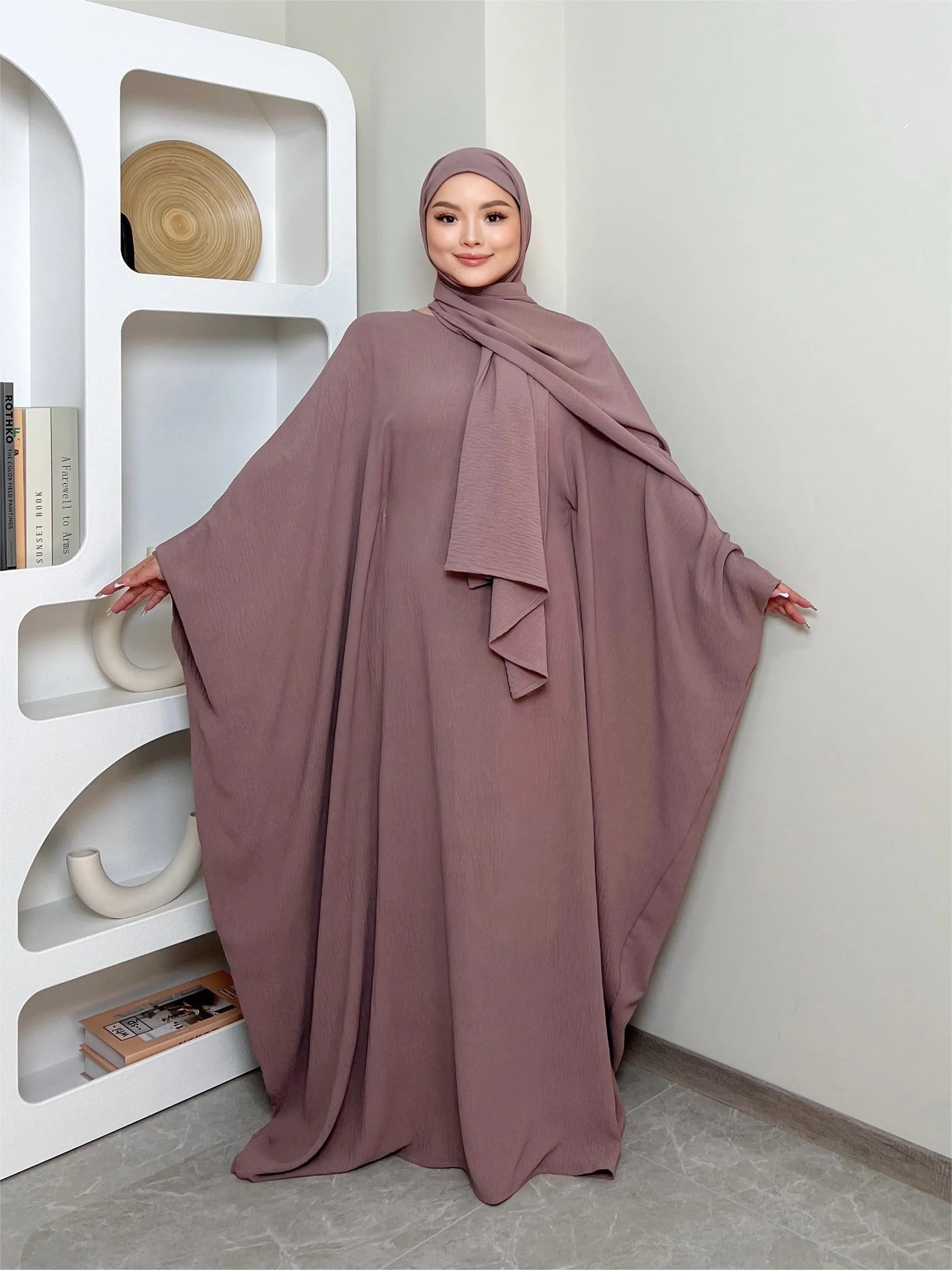 LM014 Butterfly Abaya with Hijab 2 Pieces Set Batwing Sleeves Ironfree Maternity Nursing Friendly Plus Size Dress Muslim Women - LumosModesty