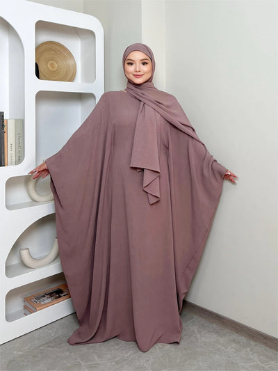 LM014 Butterfly Abaya with Hijab 2 Pieces Set Batwing Sleeves Ironfree Maternity Nursing Friendly Plus Size Dress Muslim Women - LumosModesty