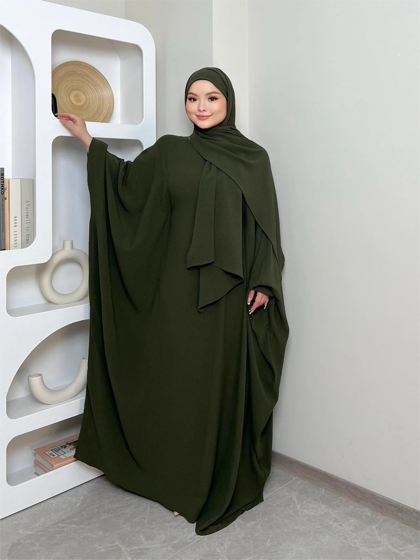 LM014 Butterfly Abaya with Hijab 2 Pieces Set Batwing Sleeves Ironfree Maternity Nursing Friendly Plus Size Dress Muslim Women - LumosModesty