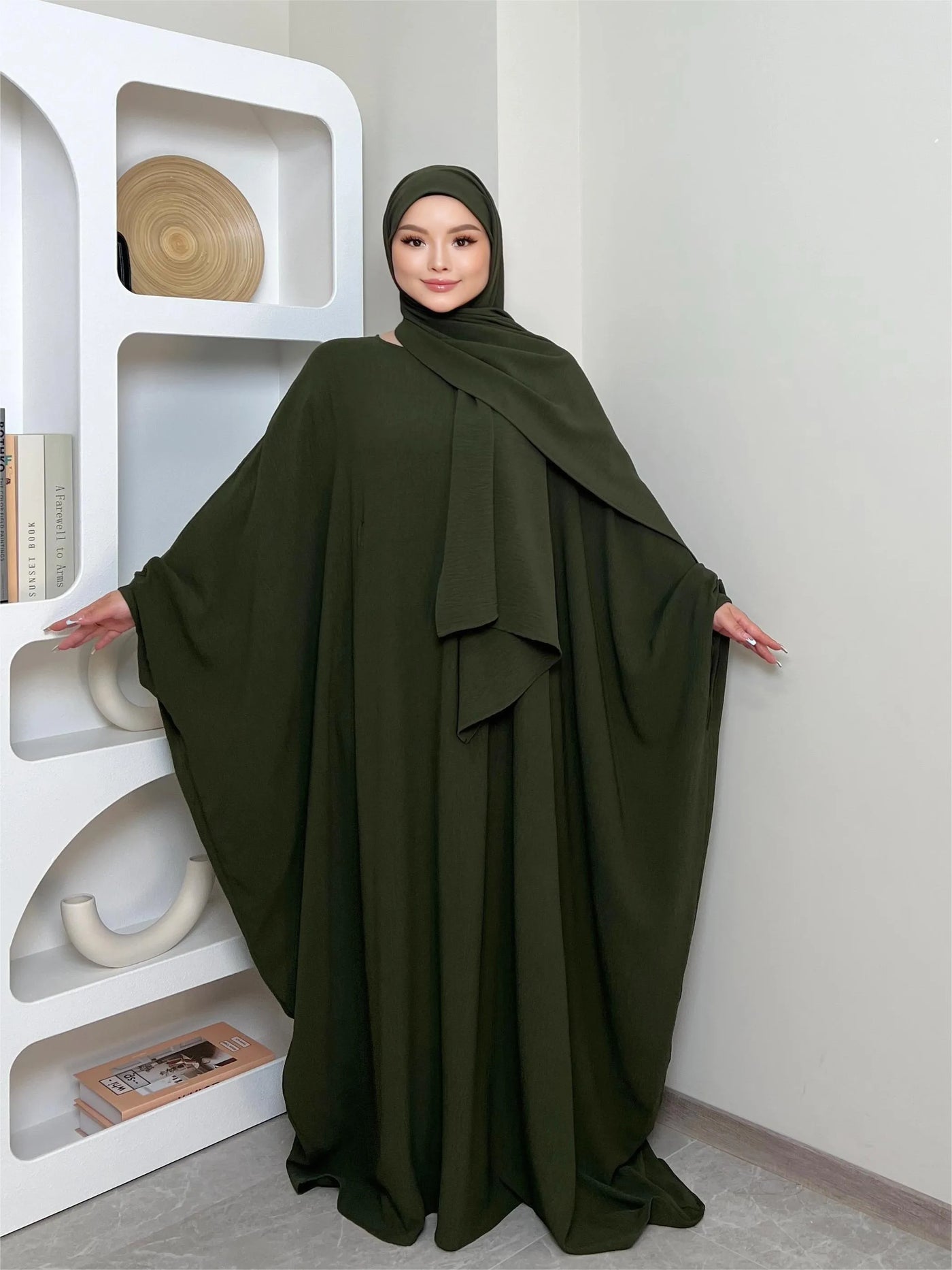 LM014 Butterfly Abaya with Hijab 2 Pieces Set Batwing Sleeves Ironfree Maternity Nursing Friendly Plus Size Dress Muslim Women - LumosModesty