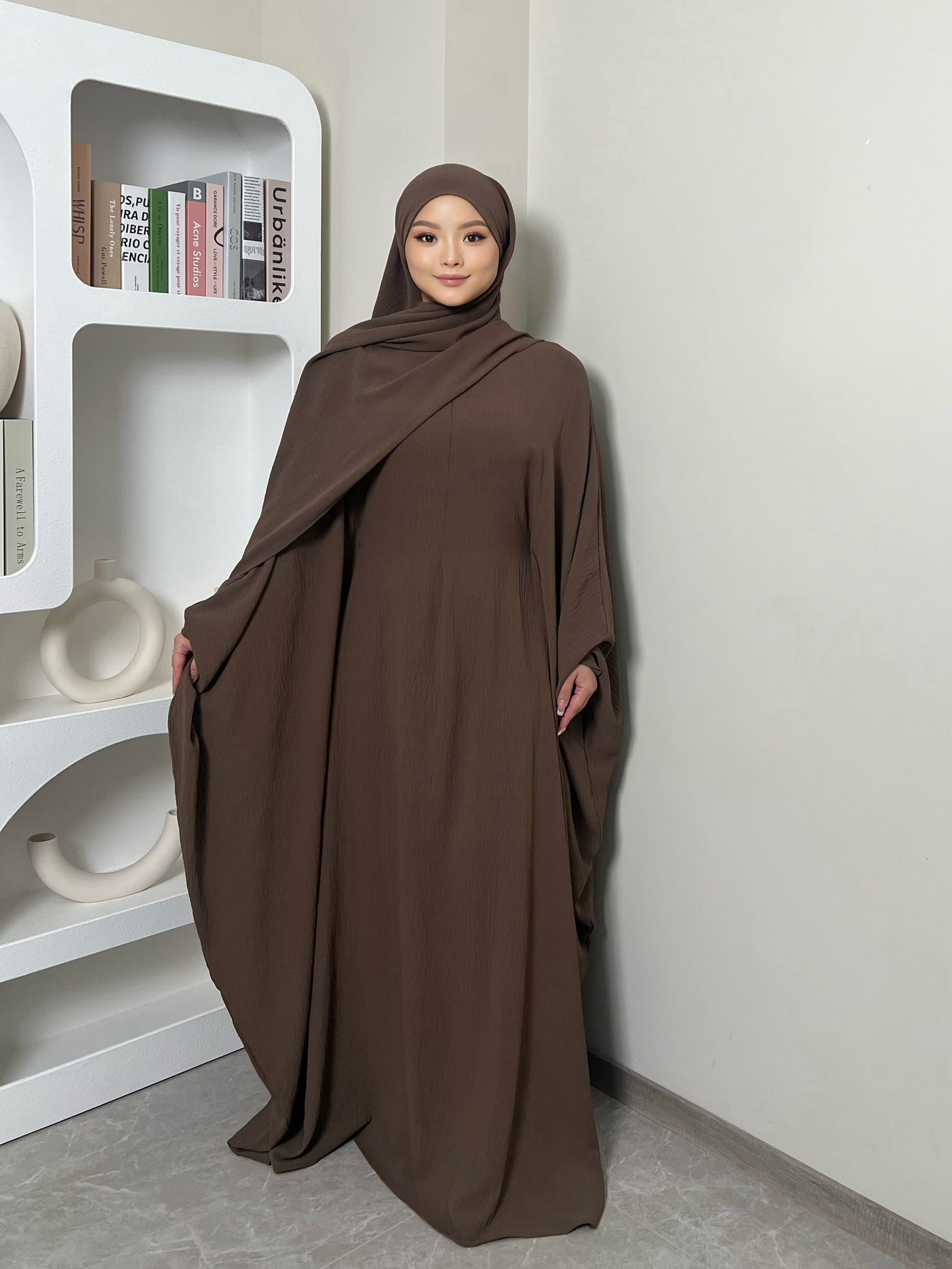 LM014 Butterfly Abaya with Hijab 2 Pieces Set -Batwing Sleeves -Plus Size Dress Muslim Women - LM014-Taupe-S (50-52) LumosModesty