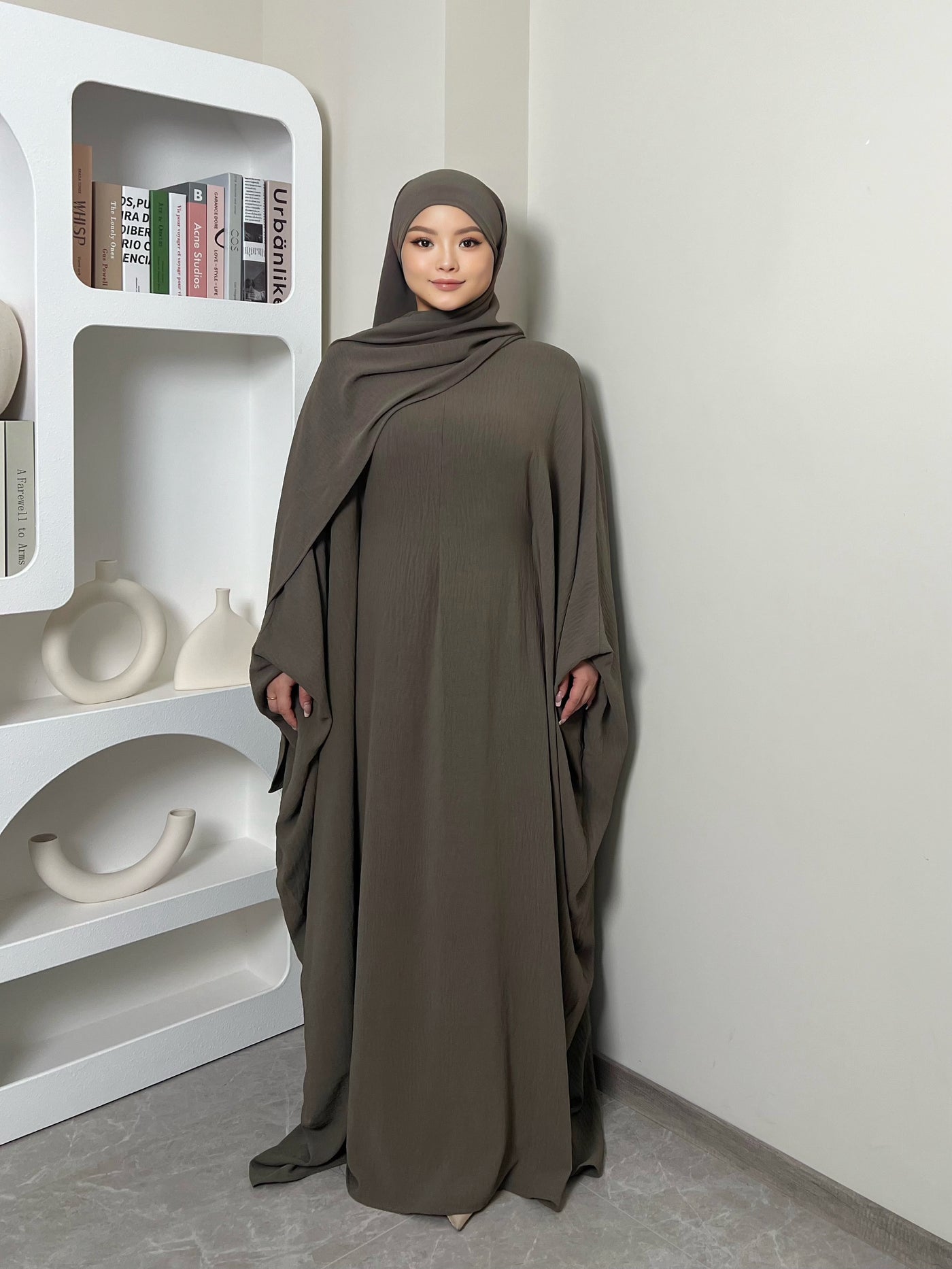 LM014 Butterfly Abaya with Hijab 2 Pieces Set -Batwing Sleeves -Plus Size Dress Muslim Women - LM014-Taupe-S (50-52) LumosModesty