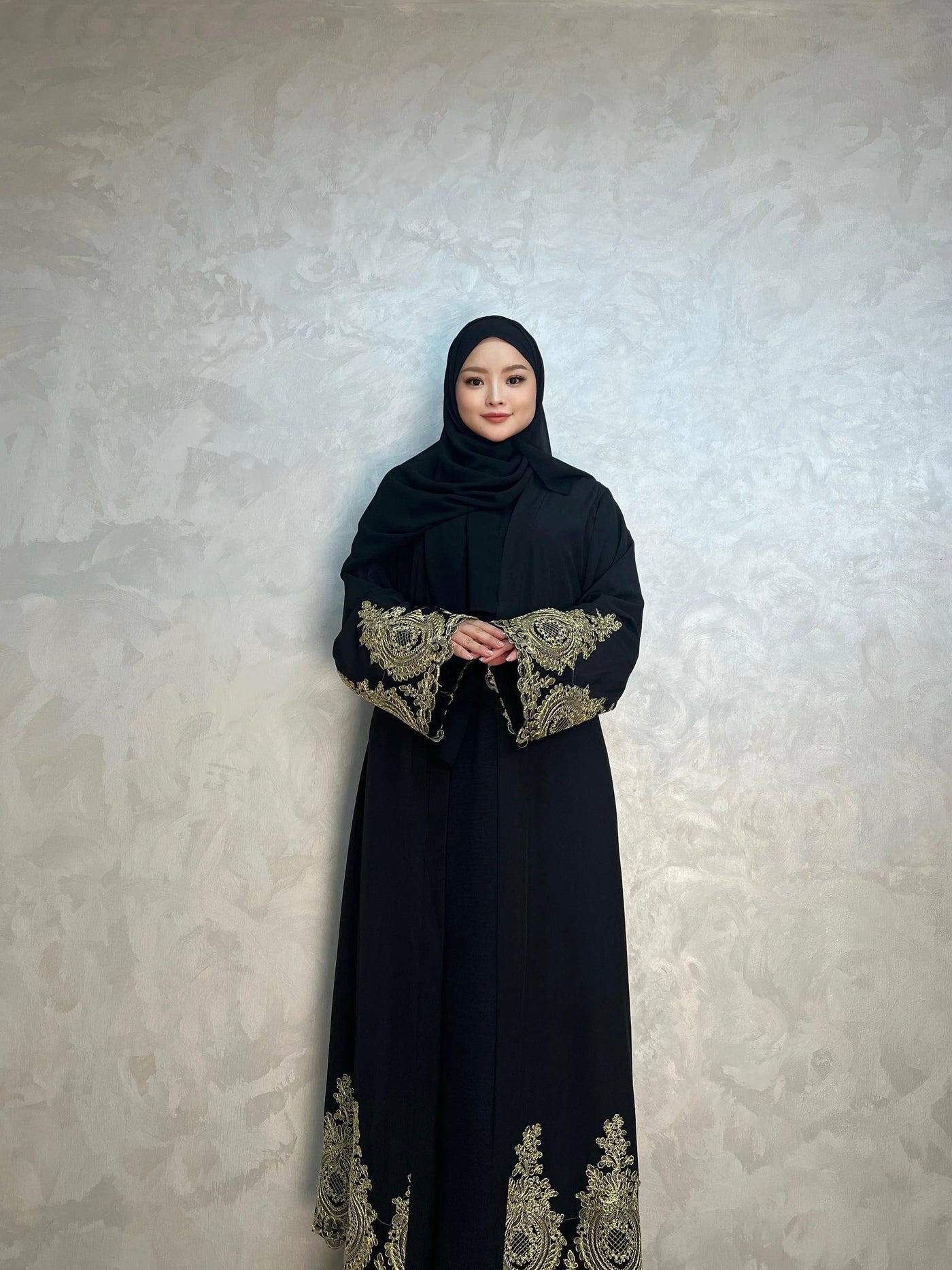 LM015 Luxury Gold Embroidery Open Abaya (Premium) - LumosModesty