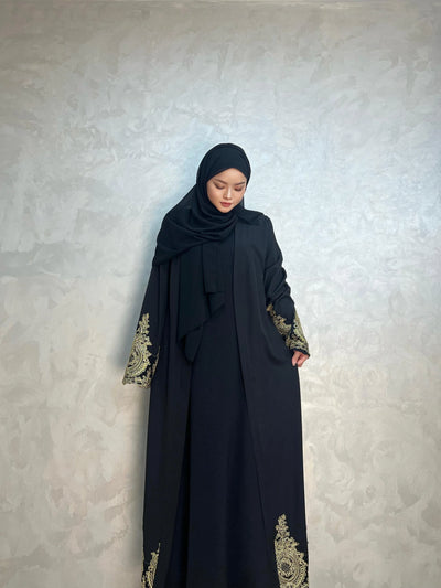 LM015 Luxury Gold Embroidery Open Abaya (Premium) - LumosModesty