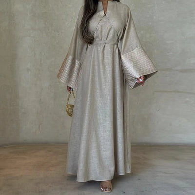 LM025 V-Neck Silver Embroidery Sleeves Linen Texture Maxi Dress Closed Abaya with Belt - LumosModesty