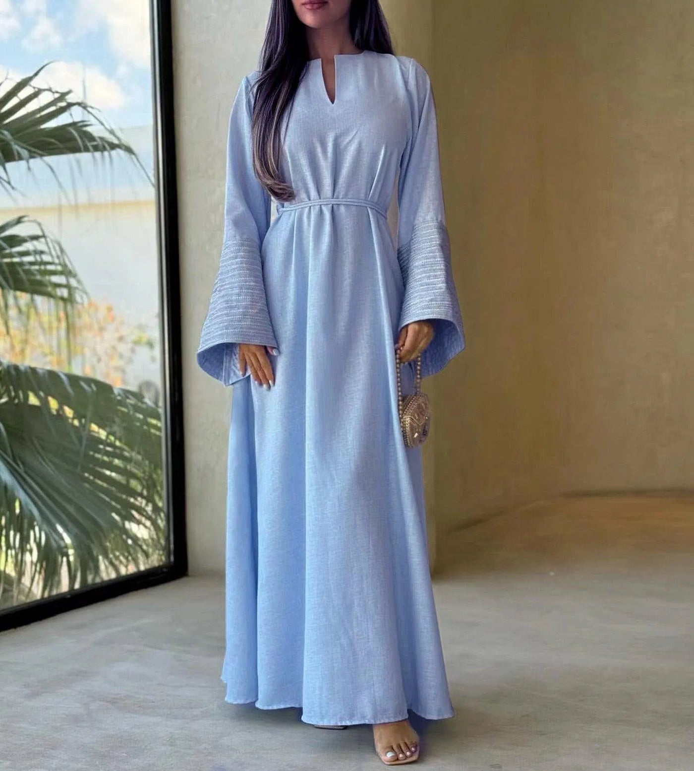 LM025 V-Neck Silver Embroidery Sleeves Linen Texture Maxi Dress Closed Abaya with Belt - LumosModesty