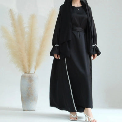 LM030 Diamond Abaya-embellished petals sleeve two pieces abaya set - lm030-BLACK-S (52)-Cardigan + Inner LumosModesty