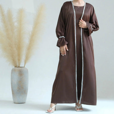 LM030 Diamond Abaya-embellished petals sleeve two pieces abaya set - lm030-BLACK-S (52)-Cardigan + Inner LumosModesty