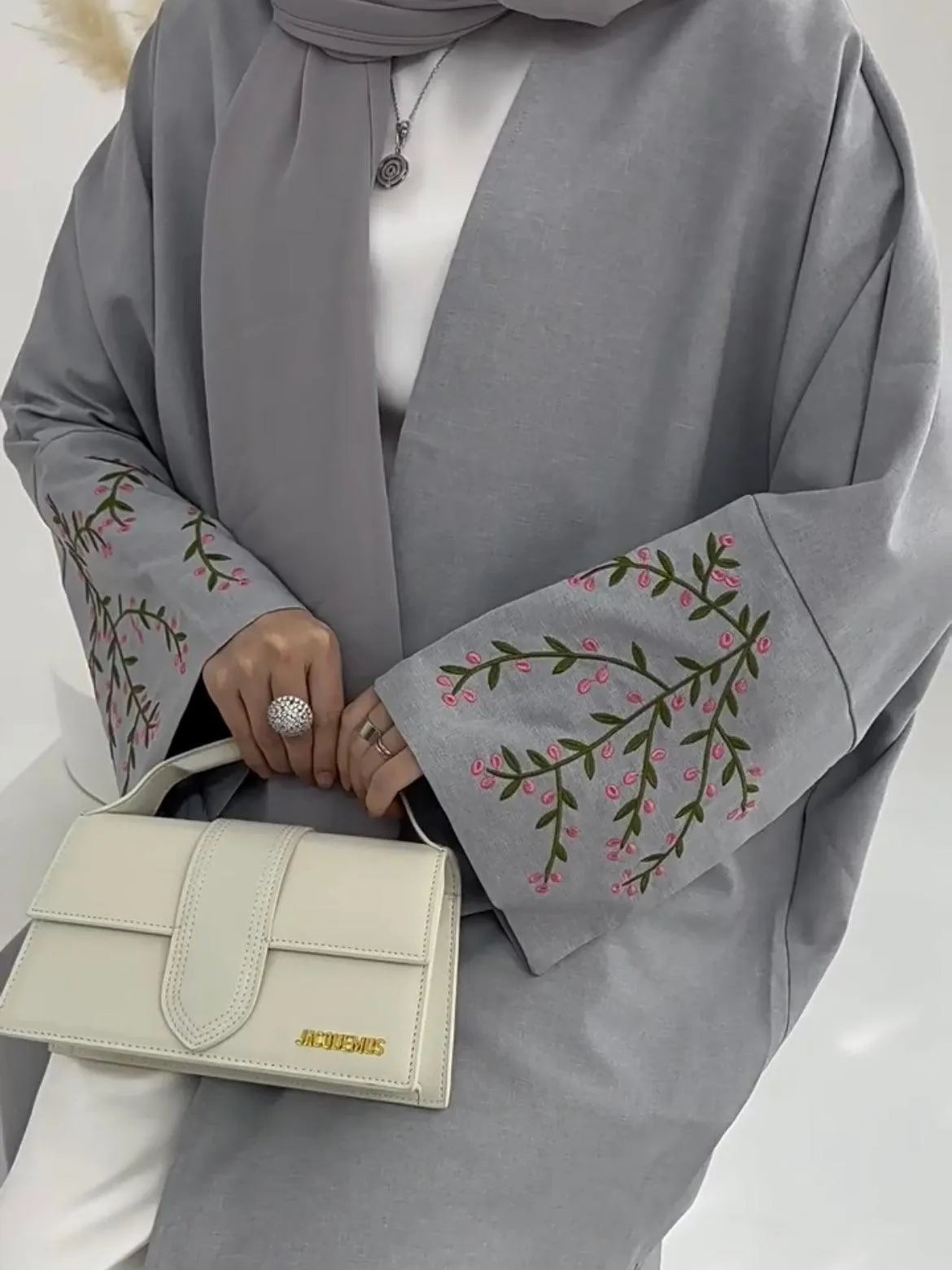 LM032 Flower Linen Texture Embroidery Abaya - LumosModesty