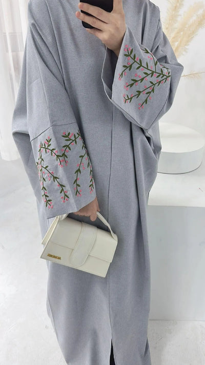 LM032 Flower Linen Texture Embroidery Abaya - LumosModesty