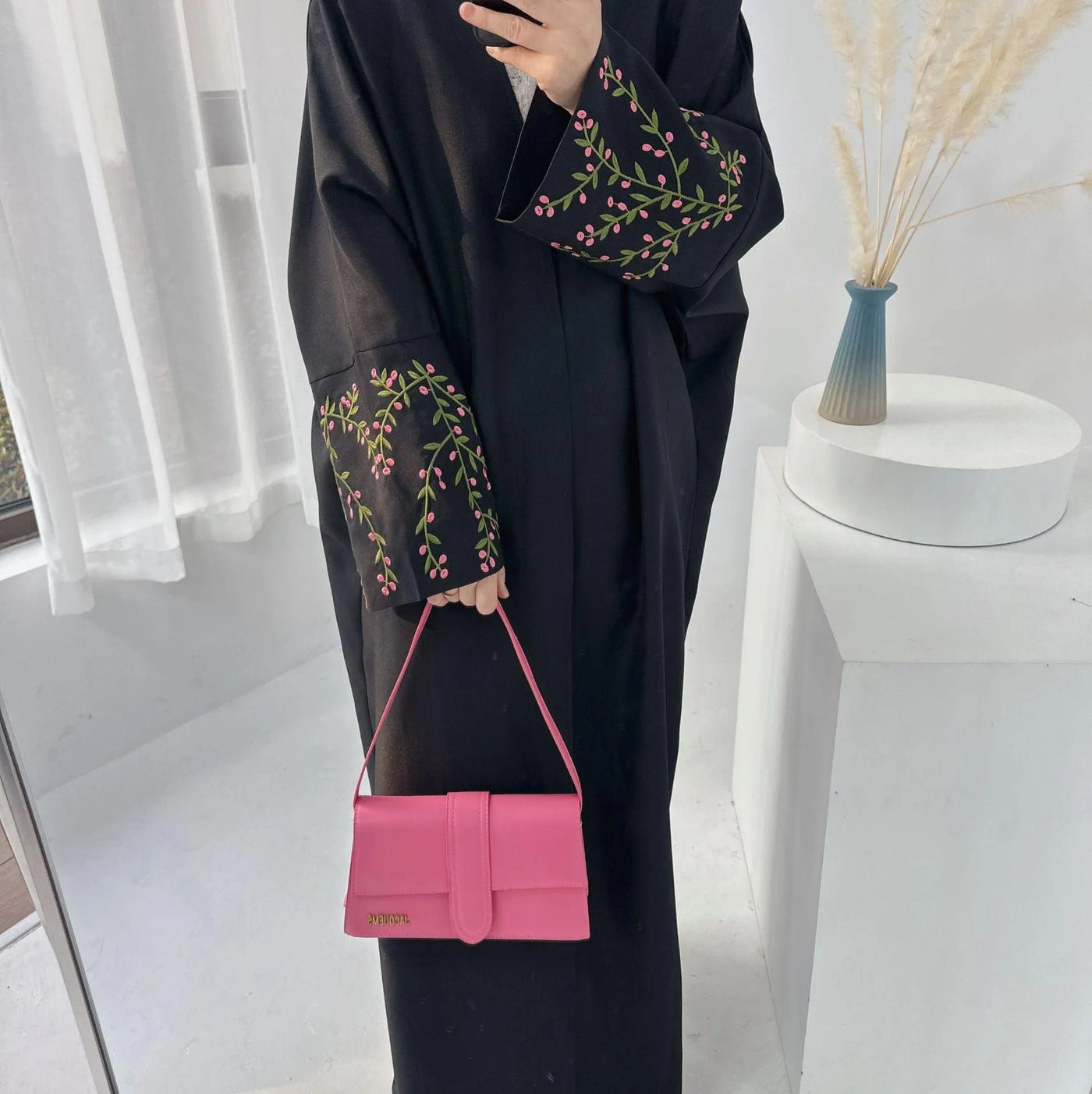 LM032 Flower Linen Texture Embroidery Abaya - LumosModesty